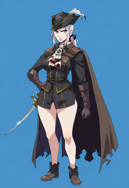 score_9, score_8_up, score_7_up, score_6_up, simple background, character sheet, looking at viewer, full body, 1girl, solo, character sheet, reference sheet, screencap ,MirandaPXL,1girl, solo, lady maria, white hair, grey eyes, tricorne, gloves, hat feather, ascot, ponytail, cape, gloomy, dim, blood, kuudere, cute, indoors, big breasts, seductive, thighs, legs, wide hips, one hand in hip, one hand with a sharper sword