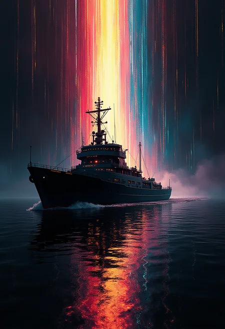 The hyper rough sketch portrays a 4K image of a contemporary street art style Blade Runner background with a distant ship reflecting light. The image has an intense contrast between the dark foreground and the bright, shimmering background. The ship's silhouette is prominent, appearing larger than life, with intricate details such as pipes, engines, and lights visible. The background is filled with a mesmerizing array of colorful, pulsing lines and shapes, creating a dystopian yet visually captivating atmosphere. The style exhibits a raw, unfinished quality, emphasizing the energy and movement of the scene.