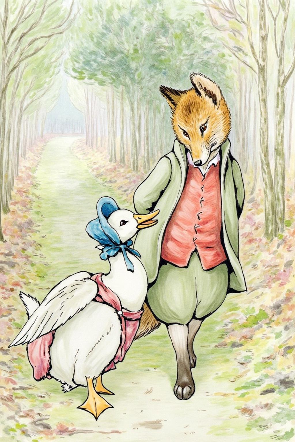 beatrixpotter1 illustration.
Two anthropomorphic animals walk along a path in a forest, engaged in conversation. On the left is a duck wearing a blue bonnet on its head. On the right is a fox in a red vest and green coat. The background consists of a lush, green forest with tall trees and a soft, pastel sky. <lora:beatrixpotter1_d8a4:1.0><lora:867019730068712501:0>