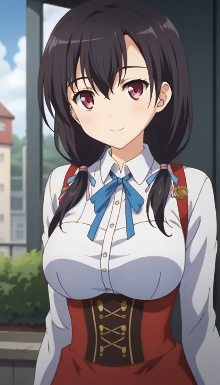 score_9,score_8_up,score_7_up,score_6_up BREAK official art,solo,outdoors,upper body,(portrait:1.5),looking at viewer,facing viewer,smile,blush,(petite:2),Sae Miura,long hair,black hair,low twintails,hair ribbon,hair over shoulder,hair between eyes,parted bangs,pink eyes,school uniform,white shirt,collared shirt,neck ribbon,blue ribbon,large breasts,underbust,long sleeves,shirt tucked in,suspenders skirt,high-waist skirt,red skirt,zettai ryouiki,black thighhighs,uwabaki,white footwear,<lora:Sae Miura(jk ohaborssg)-Pony:1.2>,