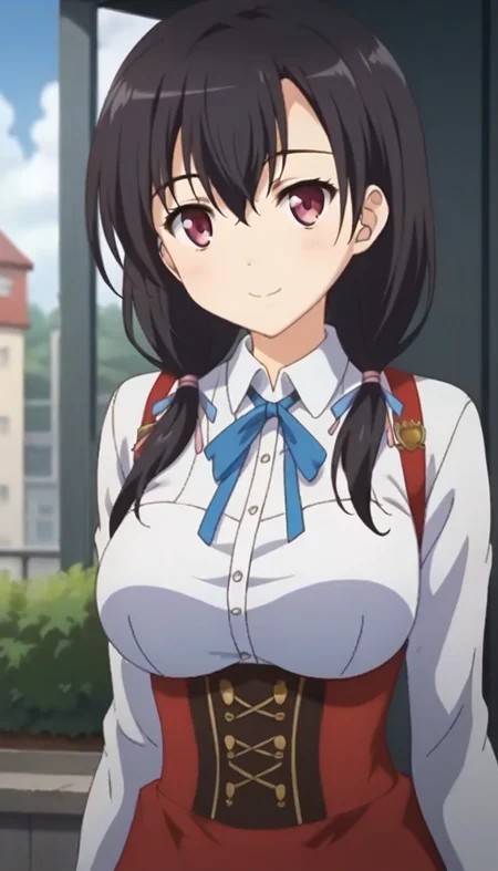 score_9,score_8_up,score_7_up,score_6_up BREAK official art,solo,outdoors,upper body,(portrait:1.5),looking at viewer,facing viewer,smile,blush,(petite:2),Sae Miura,long hair,black hair,low twintails,hair ribbon,hair over shoulder,hair between eyes,parted bangs,pink eyes,school uniform,white shirt,collared shirt,neck ribbon,blue ribbon,large breasts,underbust,long sleeves,shirt tucked in,suspenders skirt,high-waist skirt,red skirt,zettai ryouiki,black thighhighs,uwabaki,white footwear,<lora:Sae Miura(jk ohaborssg)-Pony:1.2>,