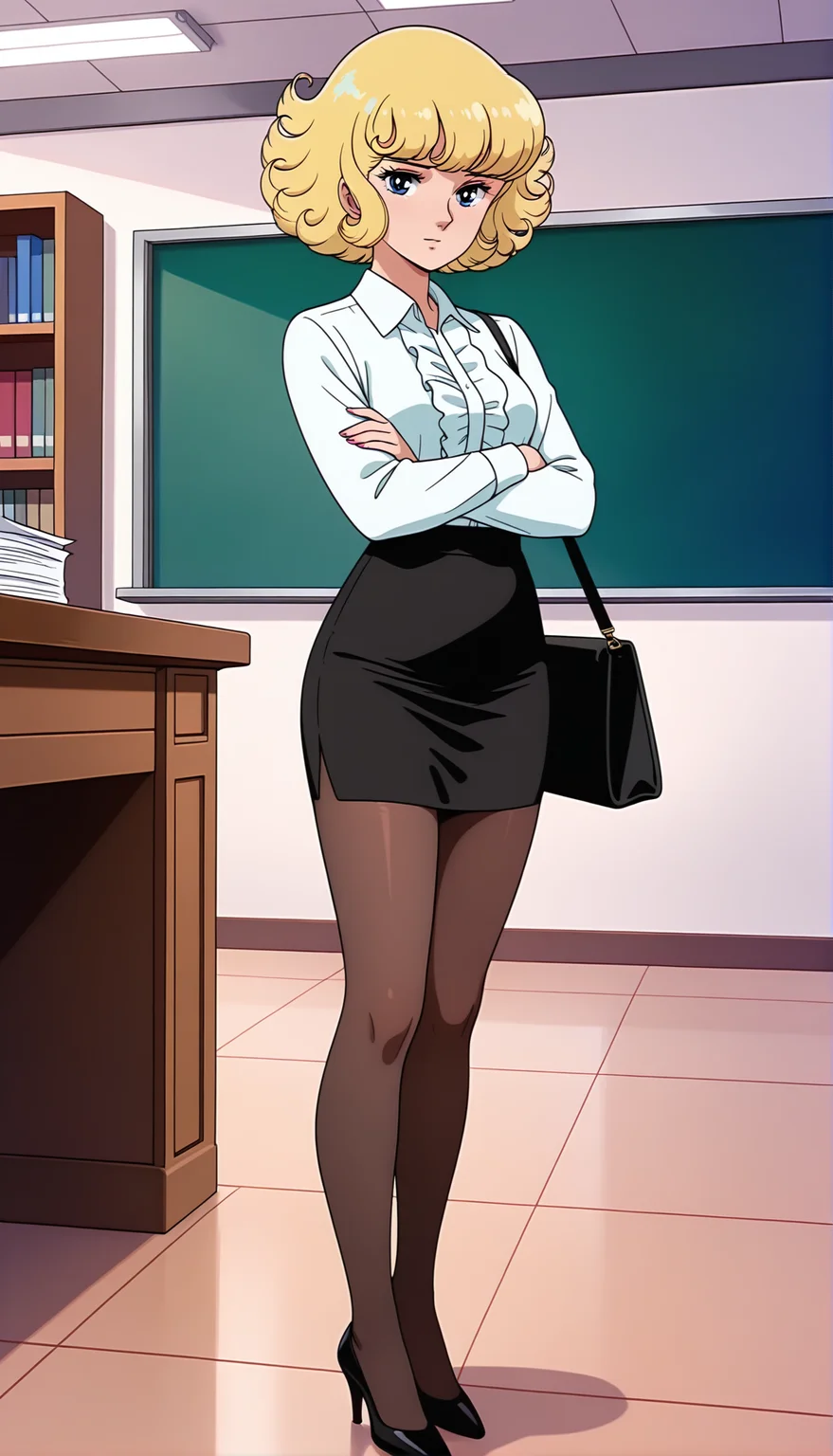 masterpiece,best quality,amazing quality,luluill,1girl,solo,1970s \(style\),retro artstyle,blonde hair,short hair,curly hair,blue eyes,skirt,shirt,pantyhose,white shirt,high heels,indoors,black footwear,black skirt,looking at viewer,full body,office lady,long sleeves,pencil skirt,closed mouth,standing,window,desk,crossed arms,office,bag,collared shirt,frills,brown pantyhose,bookshelf,chalkboard,black pantyhose,high-waist skirt,paper,<lora:luluill:0.8>,