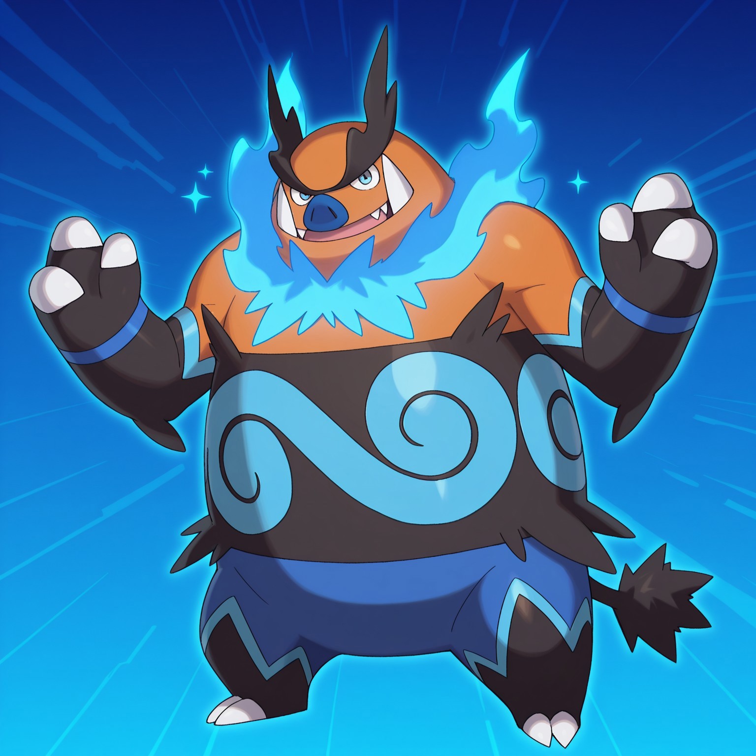 2d, solo, pokemon (creature), ((shiny pokemon)), Emboar, orange fur, ((blue nose, blue eyes, blue flames around neck, blue pattern on belly)), large fangs, black eyebrows, big eyebrows, orange fur, blue fur, black fur, multicolored fur, multicolored body, claws, tail, toe claws, blue band on wrists,

BREAK standing, sharp teeth, open mouth smile, hands up, looking at viewer, full body, abstract background,(sparkles)

BREAK best quality, amazing quality, very aesthetic, absurdres, newest, masterpiece 