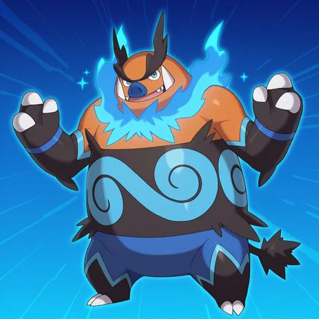 2d, solo, pokemon (creature), ((shiny pokemon)), Emboar, orange fur, ((blue nose, blue eyes, blue flames around neck, blue pattern on belly)), large fangs, black eyebrows, big eyebrows, orange fur, blue fur, black fur, multicolored fur, multicolored body, claws, tail, toe claws, blue band on wrists,
BREAK standing, sharp teeth, open mouth smile, hands up, looking at viewer, full body, abstract background,(sparkles)
BREAK best quality, amazing quality, very aesthetic, absurdres, newest, masterpiece