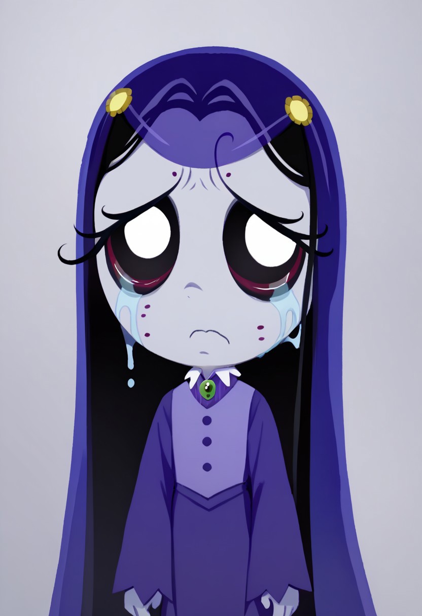 score_9, score_8_up, score_7_up BREAK MiseryRG, 1girl, black hair, black eyes, pale purple skin, tears trail, purple veil, yellow sunflower-shaped hairclips, white-collared purple buttoned dress, long purple sleeves,