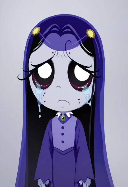score_9, score_8_up, score_7_up BREAK MiseryRG, 1girl, black hair, black eyes, pale purple skin, tears trail, purple veil, yellow sunflower-shaped hairclips, white-collared purple buttoned dress, long purple sleeves,