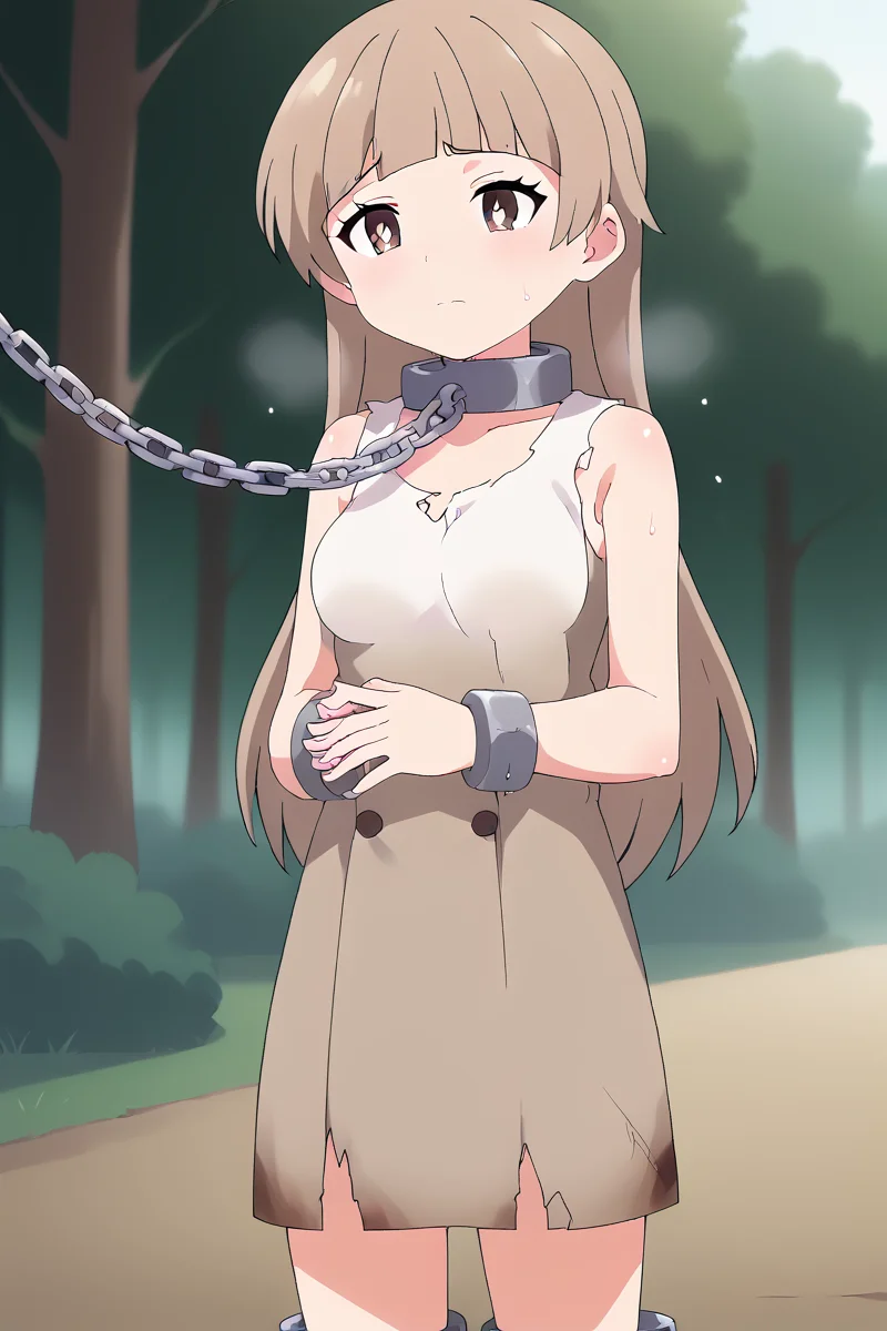 score_9, score_8_up, score_7_up , source_anime, solo, intricate details, masterpiece, high quality, prefect hands, best quality , anime screencap, <lora:DetailedEyes_V3:1> , KatanoPN, 1girl , brown eyes , white pupil , brown hair , long hair , forest , <lora:Katano_Bat_Holy_Envoy_Cross_Near_Heart:1> , sweating , sweat , cute , wet skin , <lora:rags-ponyxl-lora-nochekaiser:1>, rags, ankle cuffs, ball and chain restraint, bdsm, chain, chained, collar, cuffs, dress, metal collar, restrained, shackles, slave, sleeveless, torn clothes, torn dress, khaki dresses ,medium breast ,