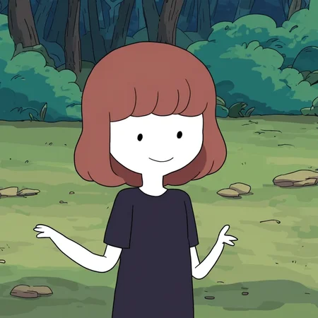 <lora:Adventure_Time_Style:1>, AdvTimeStyle, cartoon style, bold outlines, minimalistic shading, humanoid cartoon creature, flat shading, flat colors, dot eyes, brown hair, bangs, white skin, smiling, bright colors, black tshirt, simple, forest background