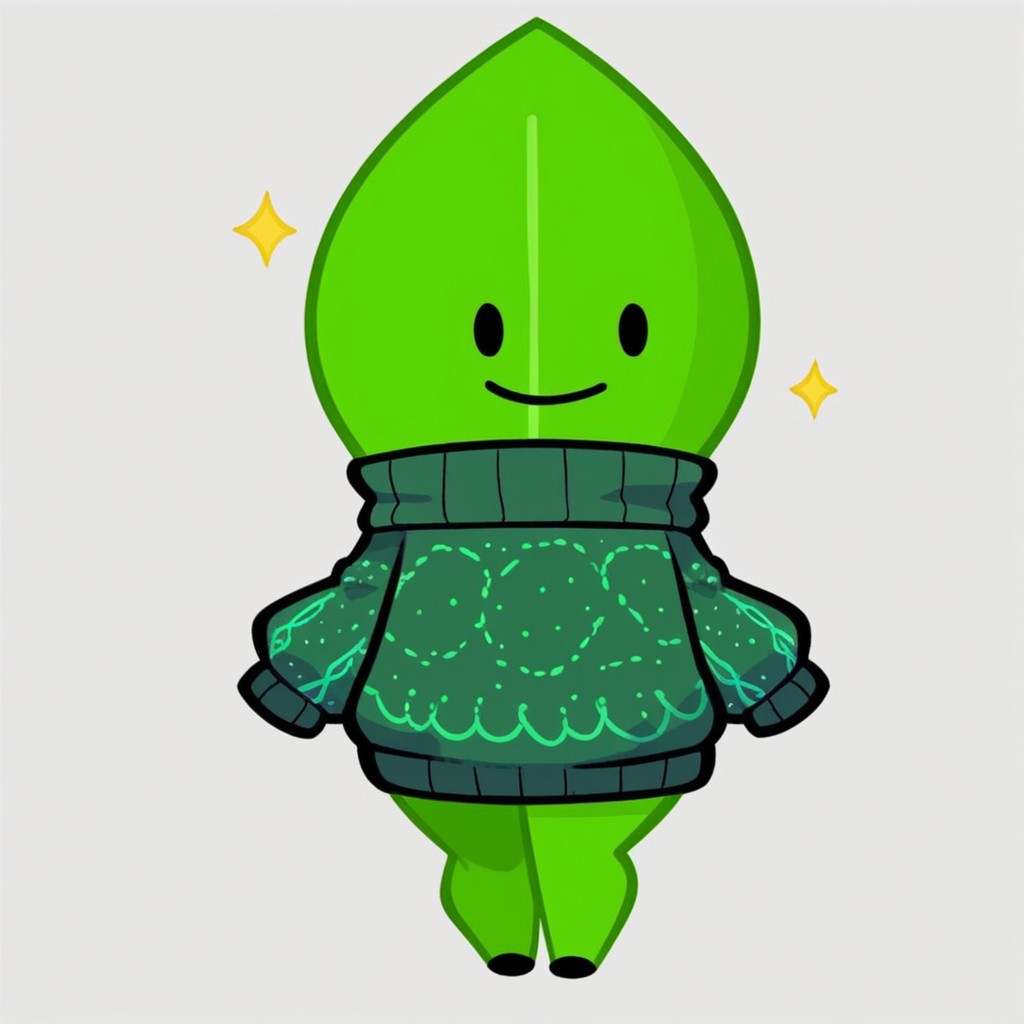 masterpiece, score_9, score_8_up, black outlines, cartoon style, minimalist design, LeaaffBfdi, full body, standing, digital art, 1girl, solo, female focus, anthropomorphic, anthro,  from front, standing, leaf-shaped character, no humans, thick thighs, wide waist, huge thighs, black limbs, black arms, black legs, smooth green skin, bright highlights, central vein detail on leaf, dotted eyes, black eyes, cute expression, vibrant and clean colors, cheerful design, Teal sweater, sweater, speckled sweater, Sparkle sweater, stylized sweater, casual style, rounded sleeves, long sleeves, simple details, modern design, cozy sweater, clothing, white background