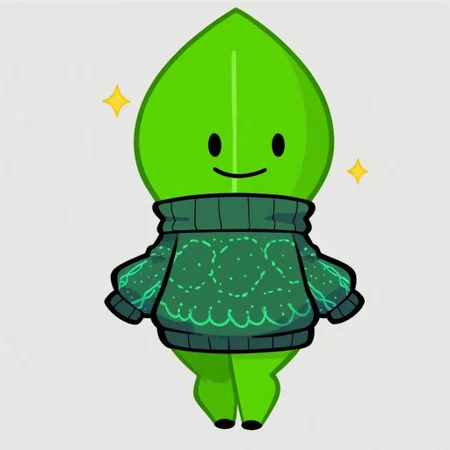 masterpiece, score_9, score_8_up, black outlines, cartoon style, minimalist design, LeaaffBfdi, full body, standing, digital art, 1girl, solo, female focus, anthropomorphic, anthro, from front, standing, leaf-shaped character, no humans, thick thighs, wide waist, huge thighs, black limbs, black arms, black legs, smooth green skin, bright highlights, central vein detail on leaf, dotted eyes, black eyes, cute expression, vibrant and clean colors, cheerful design, Teal sweater, sweater, speckled sweater, Sparkle sweater, stylized sweater, casual style, rounded sleeves, long sleeves, simple details, modern design, cozy sweater, clothing, white background