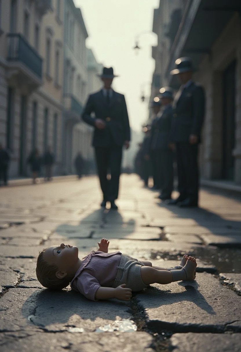 "An overexposed photo of a broken doll on cracked pavement, surrounded by faint shadows of soldiers, dreamy lavender and ash tones, analog scratches and light leaks, a quiet chaos captured in a raw, unpolished frame." cinematic_1940s cinematic_octane