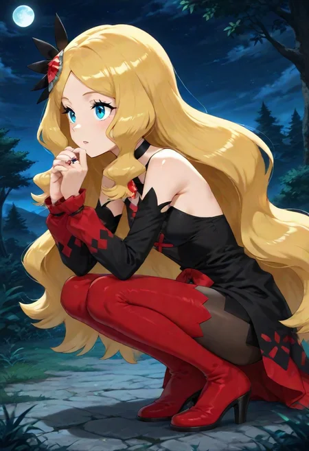 2d, masterpiece, best quality, amazing quality, 1girl, solo, squatting, from side, night, moonlight, sky, petting, def colors, [[caitlin \(pokemon\)]], blue eyes, eyelashes, blonde hair, very long hair, hair ornament, red gemstone, jewelry, gemstone ring, black dress, cross-laced dress, choker, detached sleeves, long sleeves, bare shoulders, thigh boots, black pantyhose, red footwear