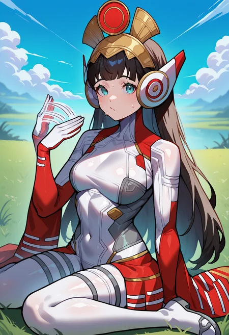 masterpiece, best quality, newest, absurdres, highres, 1girl, wariza, :/, looking at viewer, fanning self, sweat, <lora:TaoSMT-illu:1> black hair, long hair, headgear, choppy bangs, aqua eyes, white bodysuit, mecha pilot suit, medium breasts, skin tight, detached sleeves, red sleeves, furisode sleeves, white gloves, red skirt, showgirl skirt, grass, blue sky, cloud