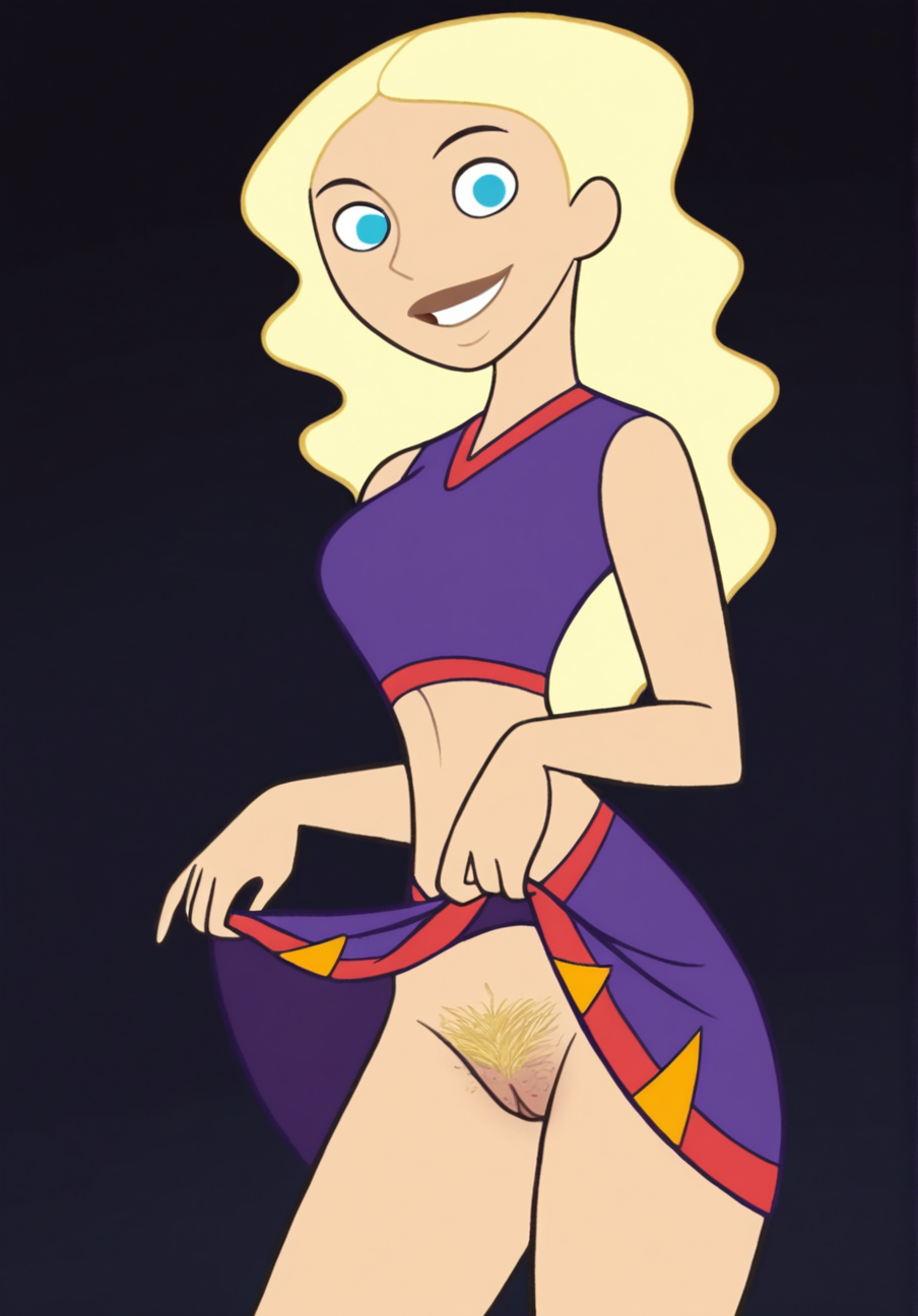 masterpiece, best quality, high quality, 

1girl, TaraKp, flat colors, parody, blonde hair, blue eyes, round face, purple skirt, purple crop top, simple black background, looking at viewer, smile, skirt lift, hairy pussy