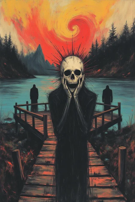 apoca1 illustration. a figure standing on a wooden bridge, clutching their face in despair, with a backdrop of swirling, fiery orange skies and deep blue water. The figure's skeletal, distorted form conveys a sense of anxiety and existential dread, emphasized by their wide, hollow eyes and open mouth. The bridge extends diagonally into the composition, framed by two shadowy figures in the background and fjord-like landforms in the distance. The overall scene is dynamic, with bold, swirling strokes and vibrant, contrasting colors creating an atmosphere of emotional turbulence, <lora:apocalypse_now1_fl_d4a2:1.0><lora:803273951104079107:0>