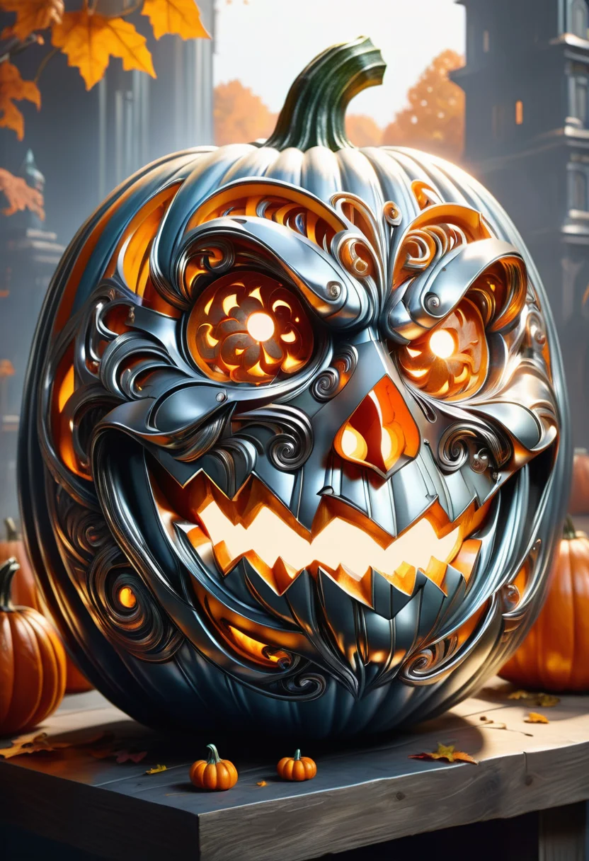 hyper detailed masterpiece, dynamic, awesome quality, DonMSt33lM4g1cXL pumpkin carving, painted pumpkins, abstract design, crying, made of steel, shiny  <lora:DonMSt33lM4g1cXL-v1.1-000008:1>