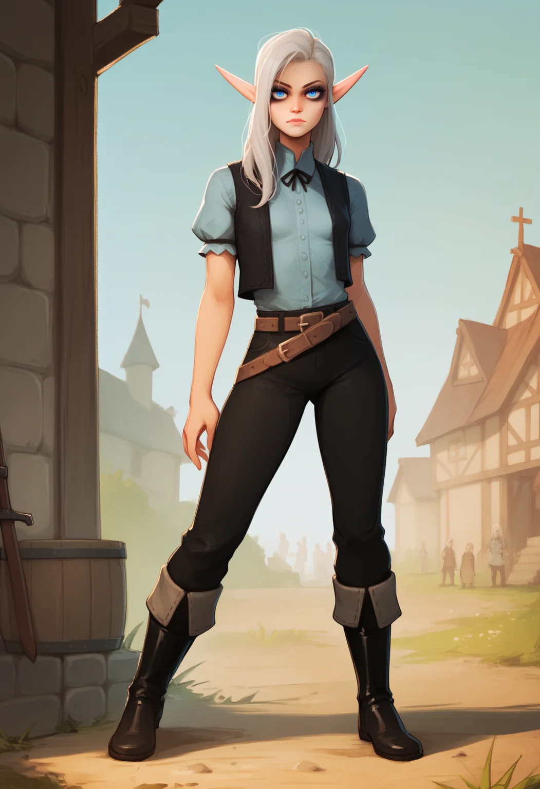 score_9, score_8_up, score_7_up, score_6_up, score_5_up, score_4_up, BREAK
1girl, maeryll, white hair, long hair, blue eyes, makeup, pointy ears, elf,
belt, vest, black pants, black boots, small breasts,
full body, standing, looking at viewer, solo, medieval town background <lora:MaeryllXL:1>