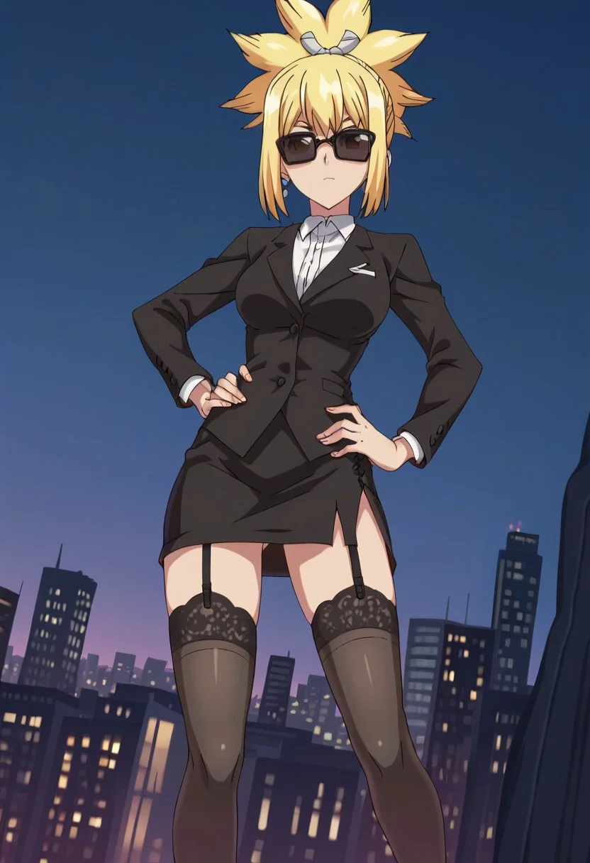 score_9, score_8_up, score_7_up, score_6_up, BREAK 1girl, kohaku,  blonde hair, solo, thighhighs,sunglasses, garter straps, high heels, night, formal, earrings, suit, jewelry, skirt, hand on hip,skyscraper, pencil skirt,ponytail, city, skirt suit,standing, looking at viewer, cowboy shot, dutch angle
