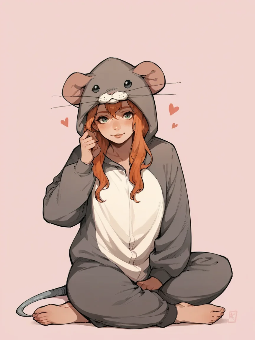 score_9, score_8_up, score_7_up, score_6_up, score_5_up, <lora:ratonsieXLP3:1> rat onsie, barefoot, animal costume, tail, 1girl, ginger hair, sitting, heart, pink background,