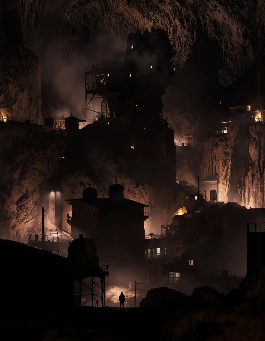 By Arthur Yuan. A dark and eerie scene from a bird's eye view about a dimly lit industrial setting with glowing lanterns and a large, imposing structure in the background. the scene is set in a rocky, cave-like environment with stalactites and stalagmites, and the light from the lanterns casts a warm glow on the surrounding buildings and structures. in the center of the image, a lone figure stands in the foreground, silhouetted against the dark, smoky atmosphere. the figure appears to be a man, with a slim body and a determined expression, facing away from the viewer. he is standing in the middle of the scene, with his arms outstretched, as if he is about to engage in a moment of intense action. the surrounding structures and structures are illuminated by the warm glow of lanterns, creating a sense of contrast and mystery. the overall atmosphere is one of darkness and foreboding, with the presence of a few lanterns casting a soft glow over the scene.