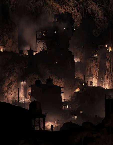 By Arthur Yuan. A dark and eerie scene from a bird's eye view about a dimly lit industrial setting with glowing lanterns and a large, imposing structure in the background. the scene is set in a rocky, cave-like environment with stalactites and stalagmites, and the light from the lanterns casts a warm glow on the surrounding buildings and structures. in the center of the image, a lone figure stands in the foreground, silhouetted against the dark, smoky atmosphere. the figure appears to be a man, with a slim body and a determined expression, facing away from the viewer. he is standing in the middle of the scene, with his arms outstretched, as if he is about to engage in a moment of intense action. the surrounding structures and structures are illuminated by the warm glow of lanterns, creating a sense of contrast and mystery. the overall atmosphere is one of darkness and foreboding, with the presence of a few lanterns casting a soft glow over the scene.