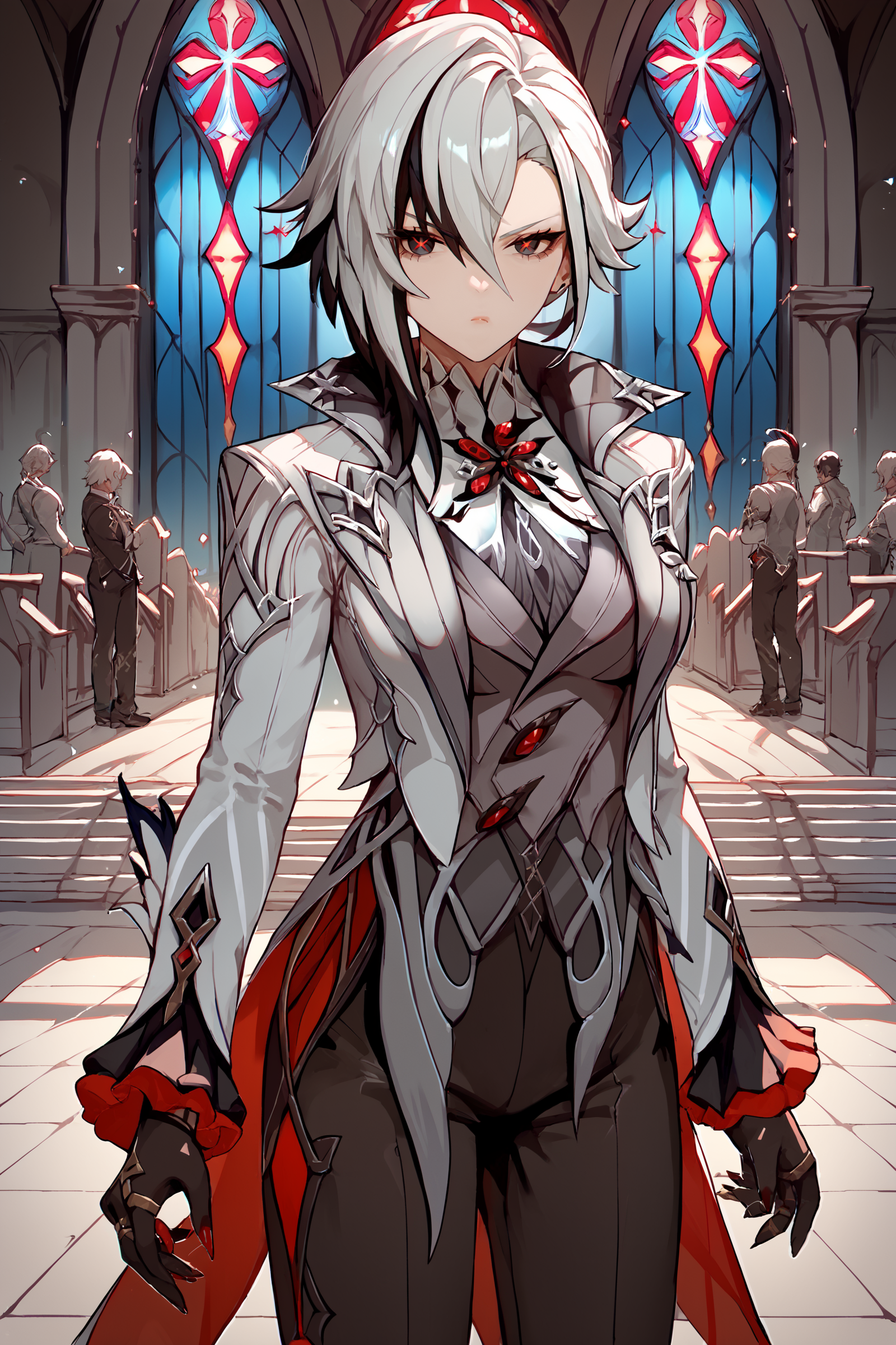 score_9, score_8_up, score_7_up, source_anime , 1girl, arlecchino \(genshin impact\), black gloves, grey tailcoat, black pants, grey vest, grey shirt, looking at viewer, glaring, standing, cowboy shot, church, indoors, depth of field  <lora:Expressive_H:0.8>  <lora:Char-Genshin-Arlecchino-Pony-V1:0.9>