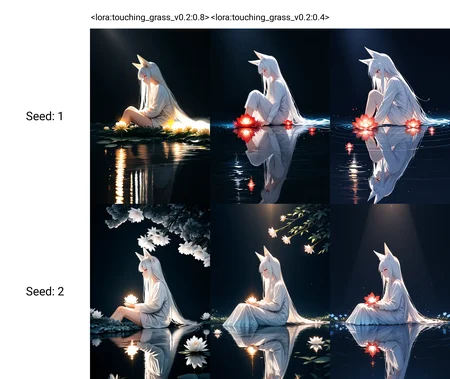 <lora:touching_grass_v0.2:0.8>1girl,solo,fox ears,red eyes,white hair,long hair,watercolor,flowers,white shirt,long sleeves,sitting,glowing,night,water,reflection,from side,black background,masterpiece,(scenery, volumetric lighting),