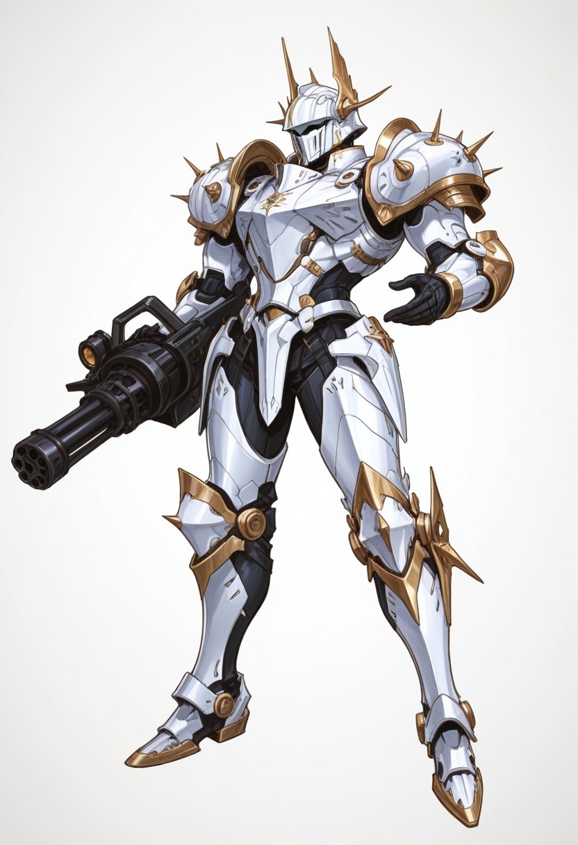ww1era, victorianera, 18cera, alone, solo, full detail, full body,  simple background, white background, no background, retro style, 1man, battle armor, mechanical armor, battle armor helmet, ww1 facemask,  bulky armor, strong armor, iron armor, white details, tinted black iron, turret pose, aiming pose, gattling gun, minigun,
<lora:RavenScript :1>