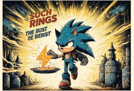 text saying "The Buzz of the Rings", cute gritty Ssonic the Hedgehog sniffing a line of SuchBuzzLogo on a silver plate looking like cocaine, speed running through laser rays inside a medieval themed rave party, shots fired, indoors, nazguls and wizards dancing in the background, shadows, stromboscope, natural lighting, shocked, score_8_up, score_7_up