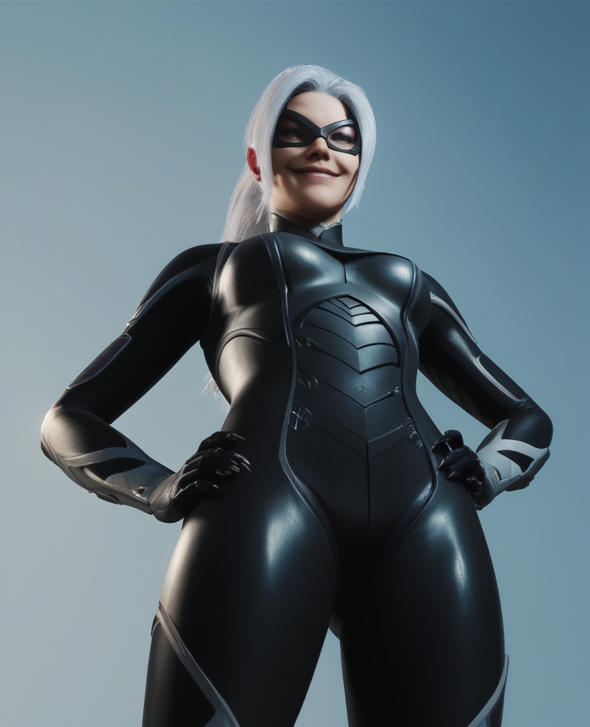 score_9,score_8_up,score_7_up,score_6_up, 3d, realistic, <lora:Black_Cat_ps4ps5_Pony-000007:0.8> , blackcat, 1girl, long hair, gloves, ponytail, white hair, bodysuit, black bodysuit, domino mask, cowboy shot, hands on hips, portrait, smile, from below, upper body,