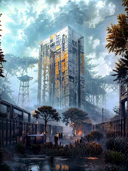 gigantic city ruins tower into the sky, moss and creepers grow in the craks. highly detailed astronaut in a orange space suit surveys the ruins, rain, mist and fog, dark forbidding sky, sunlight filters through the clouds, 
(masterpiece, top quality, best quality, official art, beautiful and aesthetic:1.2), (8k, best quality, masterpiece:1.2),
<lora:add_detail:1> <lora:20231114-1699945989034:0.8> Dark <lora:Wasteland:1> Wasteland