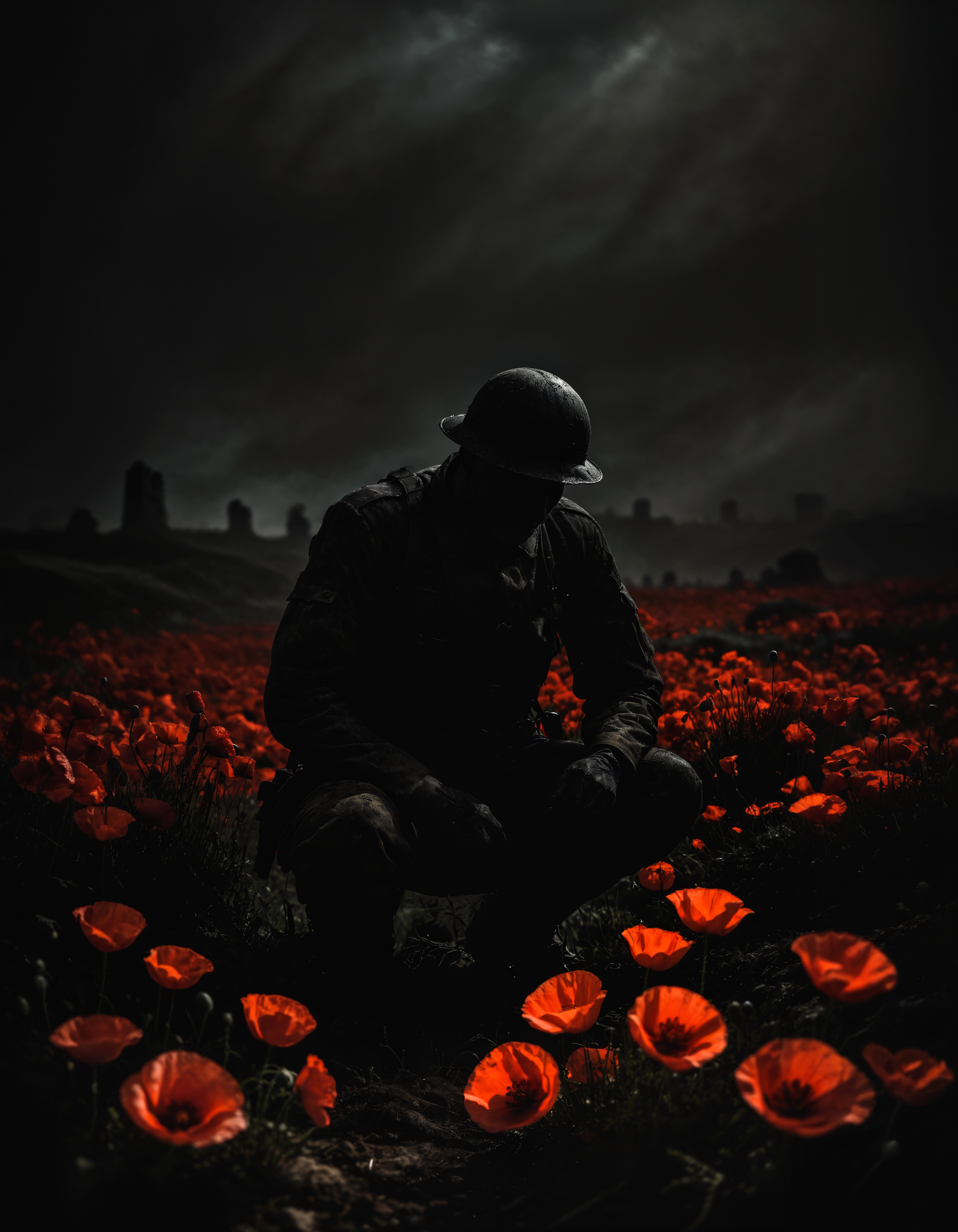 (dark photo:1.3) of a soldier kneeling among a few poppies in flanders fields, WW1, trench, chiaroscuro, dark, low-key, close-up, horror,