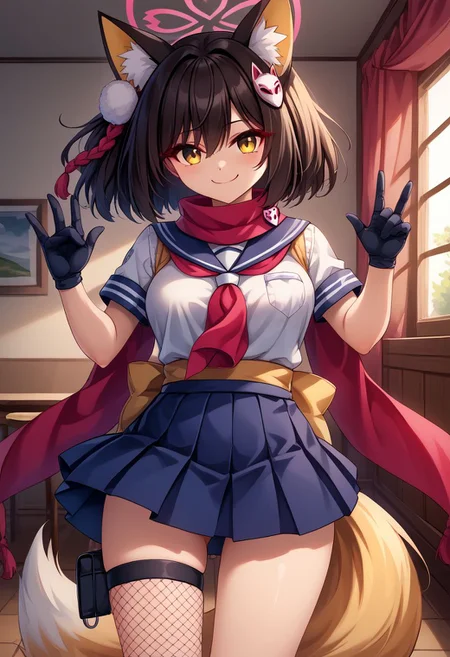score_9, score_8_up, score_7_up, BREAK source_anime,
masterpiece,8k,uncensored,(highres:1.3),high resolution, unity 8k wallpaper, detailed face, detailed CG, (perfect hands:1.5, perfect anatomy),
(high quality, best quality)
 (curvy:1.45)(shiny skin:1.2) (oily skin:1.2)
izuna kuda, yellow eyes, black hair, animal ears, animal ear fluff, medium hair, fox ears, halo,
Happy, smirk,
by hiroyama_hirosh,
asymmetrical legwear, fishnets, fox hair ornament, fox tail, gloves, hair ornament, pleated skirt, sash, scarf, school uniform, single thighhigh, tail, thigh strap, yellow tail, unware fox mask,
Dynamic pose, dynamic light,
School room,
Hands on chest,hands together,(hand_seal) , (ninja_hand_gesture )