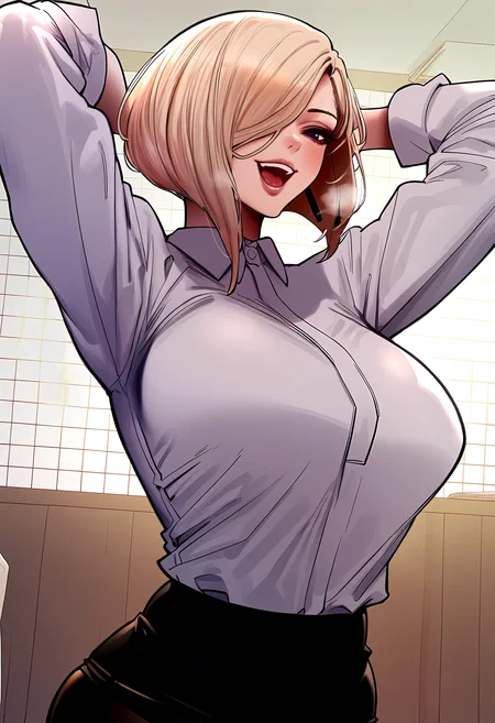 score_9, score_8_up, score_7_up, score_6_up, source_anime, rating_explicit, <lora:neg4all_bdsqlsz_V3.5:2.0>1girl, (solo:1.1), huge breasts, <lora:Kang Annaponyxl:1> blonde hair, short hair, hair over one eye, purple eyes, collared shirt, white shirt, long sleeves, black skirt, pencil skirt, black pantyhose, smile, open mouth, Narrow shoulders, heavy breathing, steaming body, office room, indoors, looking at viewer, arms behind head