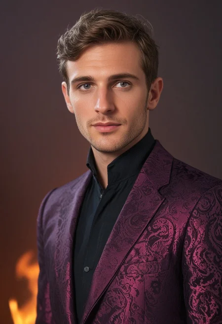 30yo English man, in lavish throne room,
Small eyes. Brown eyes.
Wearing dark purple brocade suit with red highlights,
no makeup. Clear skin. realistic skin style
wavy short hair, silver circlet. No makeup. Dusk, fire light. Looking at camera POV. Slight smile, tilting head. Tilt head. face, lips.
cowboy shot. Bokeh. Bokeh light. well lit night