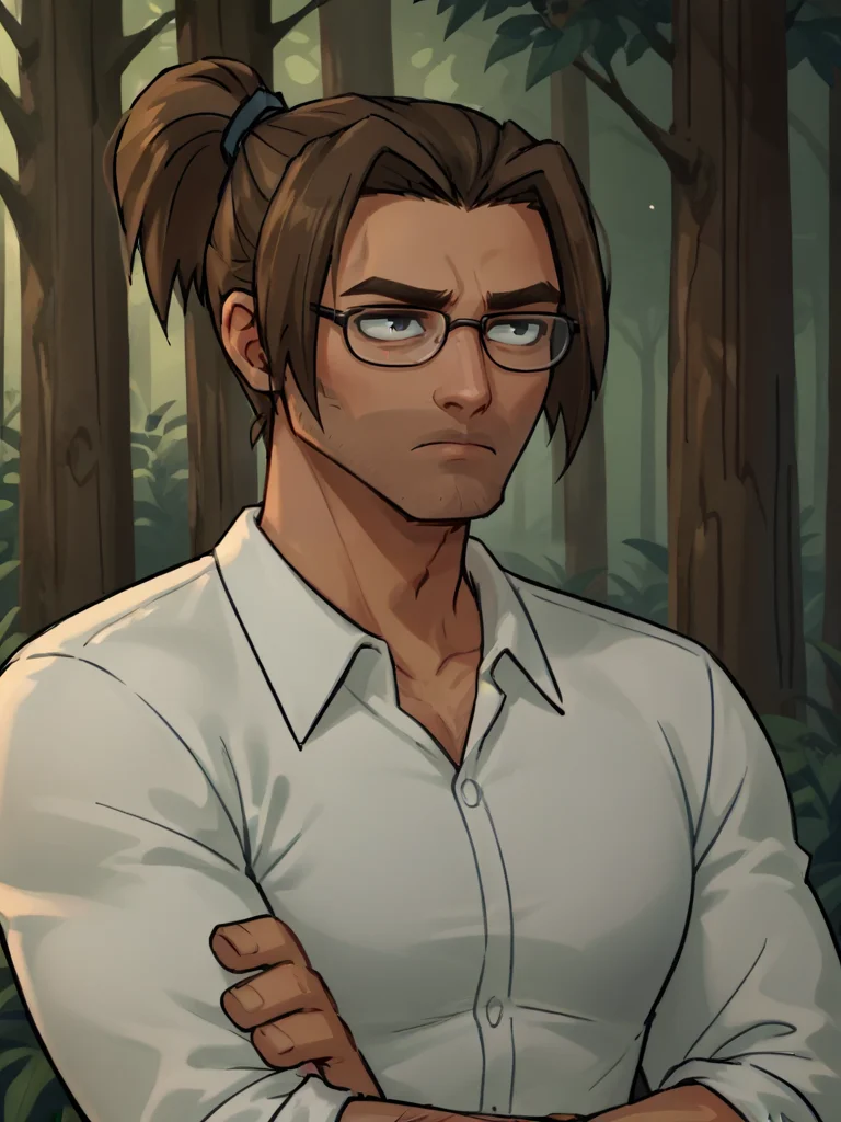 portrait of alec_dvc man, tan skin, white shirt, ponytail, brown hair, glasses, black eyes, forest background, bara, bored expression,  <lora:Alec_Disventure_Camp:.8>, score_9, score_8_up, score_7_up, <lora:Smooth Anime 2 Style SDXL_LoRA_Pony Diffusion V6 XL:.3>   <lora:add-detail-xl:.8>  zPDXL3,