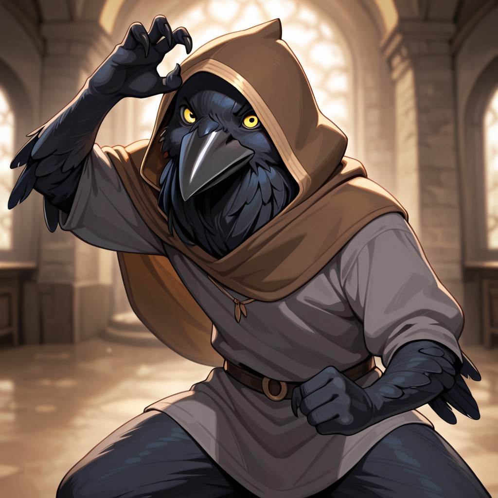 masterpiece, best quality, amazing quality, very aesthetic, solo, dynamic pose, fighting pose,
kenku, anthro bird, anthro crow, plumage,
1 boy, male focus, yellow eyes, brown capulet with hood, grey shirt,
looking at the viewer, posing, 
fantasy background, blurred background