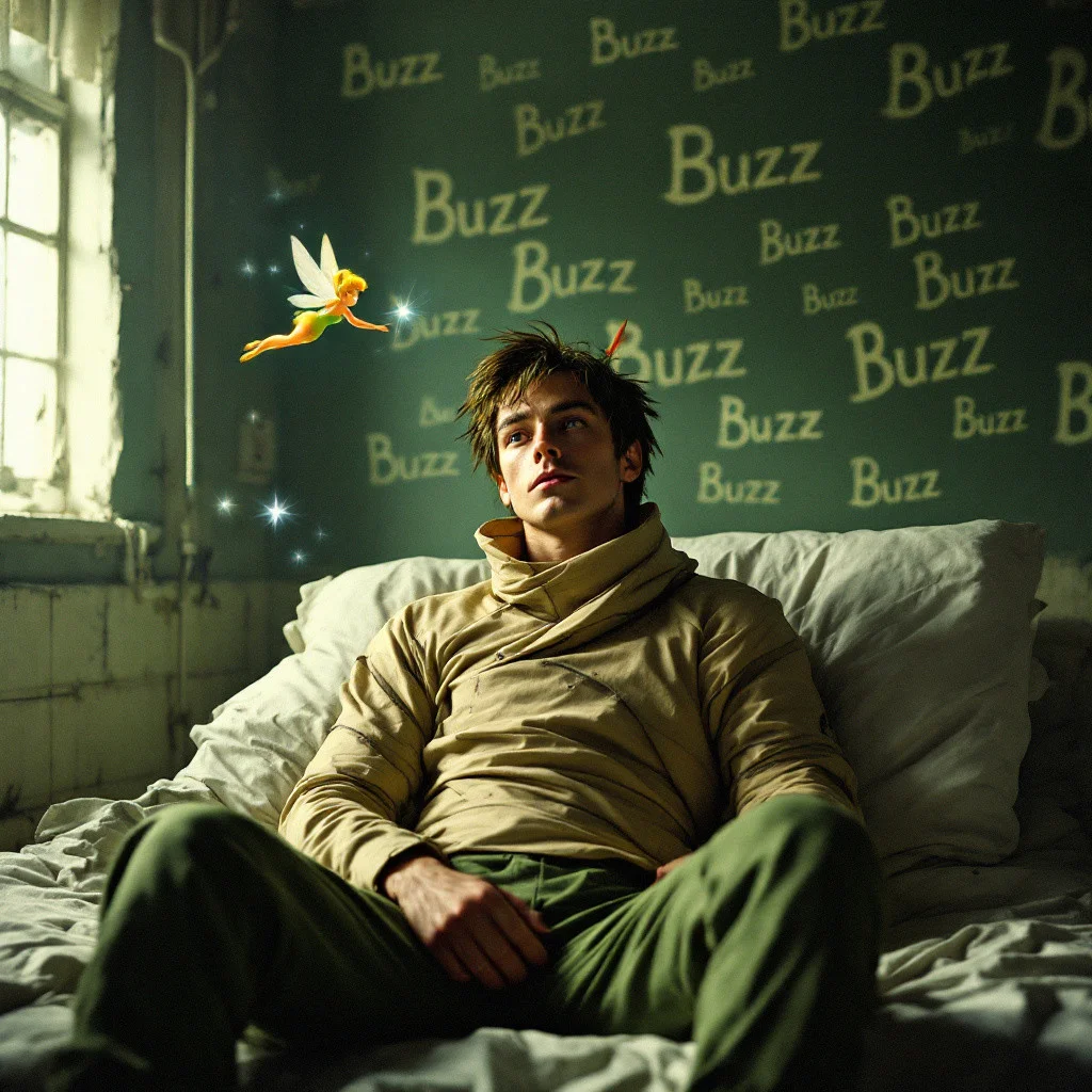 Peter Pan is wrapped in a straitjacket inside the asylum, the walls are padded and have "Buzz" written over and over in different sizes and fonts while the fairy Tinkerbell flies around him.