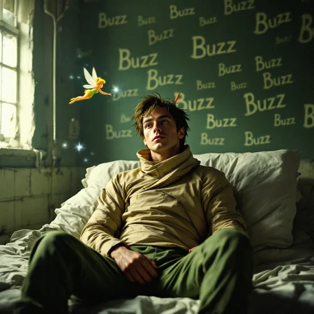 Peter Pan is wrapped in a straitjacket inside the asylum, the walls are padded and have "Buzz" written over and over in different sizes and fonts while the fairy Tinkerbell flies around him.