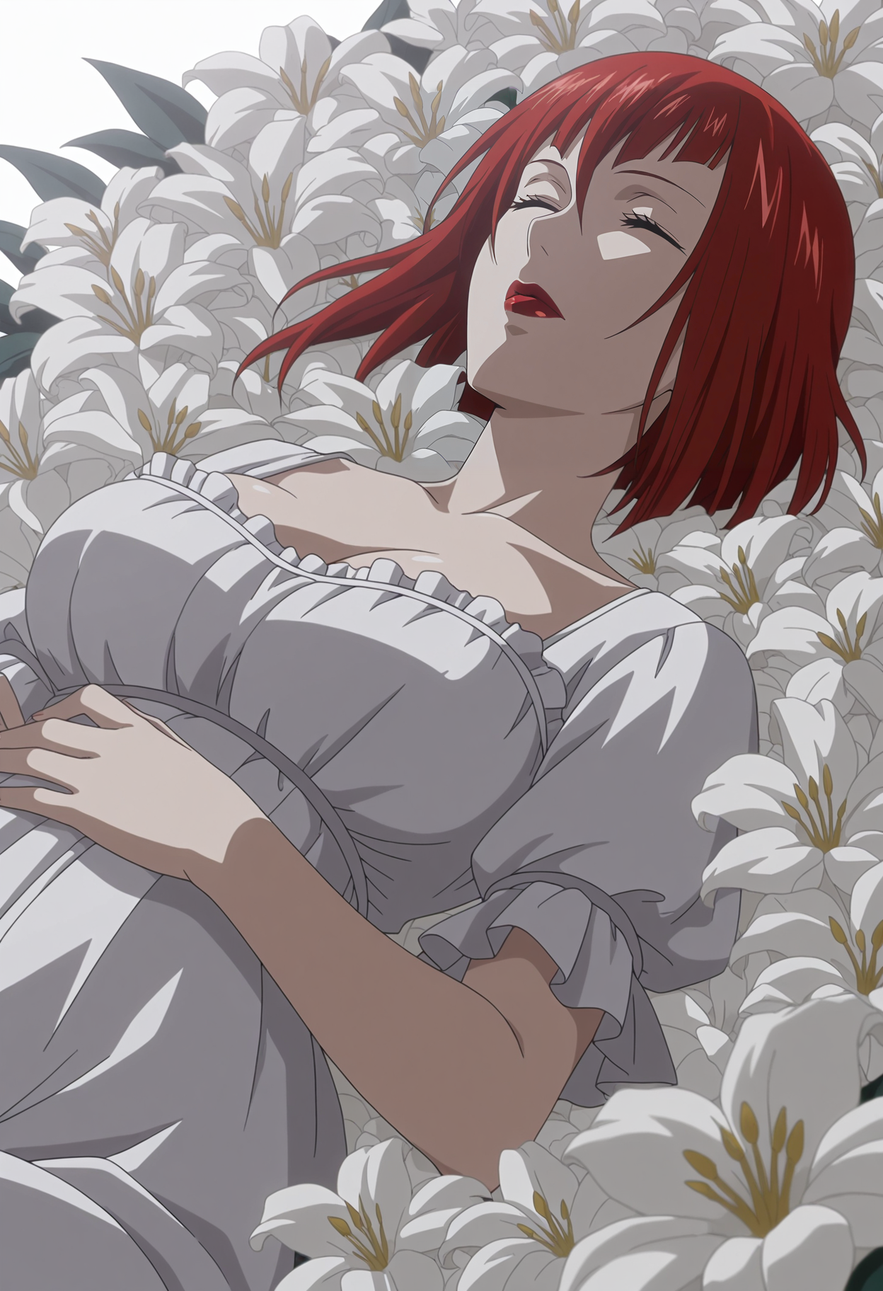 1girl,solo,mm,mature female,red hair,short hair,lipstick,red eyes,anime coloring,
white dress,cleavage, flower,lying,on flower,on back,closed eyes, 
,masterpiece,best quality,amazing quality,<lora:Madame_Red-Angelina_Durless-Kuroshitsuji-IL:0.8>