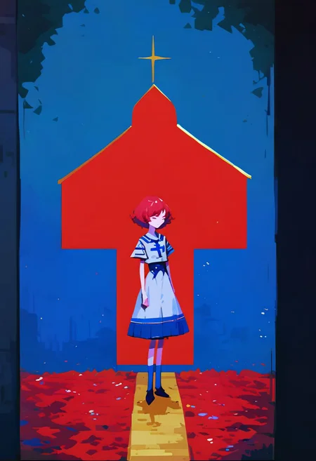 score_9, score_8_up, score_7_up,  
An image of a cute girl in liminal soviet room, (oil on canvas:0.1), girl ,analog photo, full body, in camera frame, pale skin, tall height, against the background of the Russian Orthodox Church, blue sky, sunny day, epic clouds, art by Jeremy Mann, god rays, dramatic light, bottomless, natural pubic hair, long bob-cut hair, shiny oiled skin, pale skin, red hair slightly curly hair, oxygen-rich air and sheltered atmosphere, snowy, aesthetic of hard edge painting, symmetry and balance, pioneering unparalleled masterwork with superior details, terracotta and lapis lazuli colors