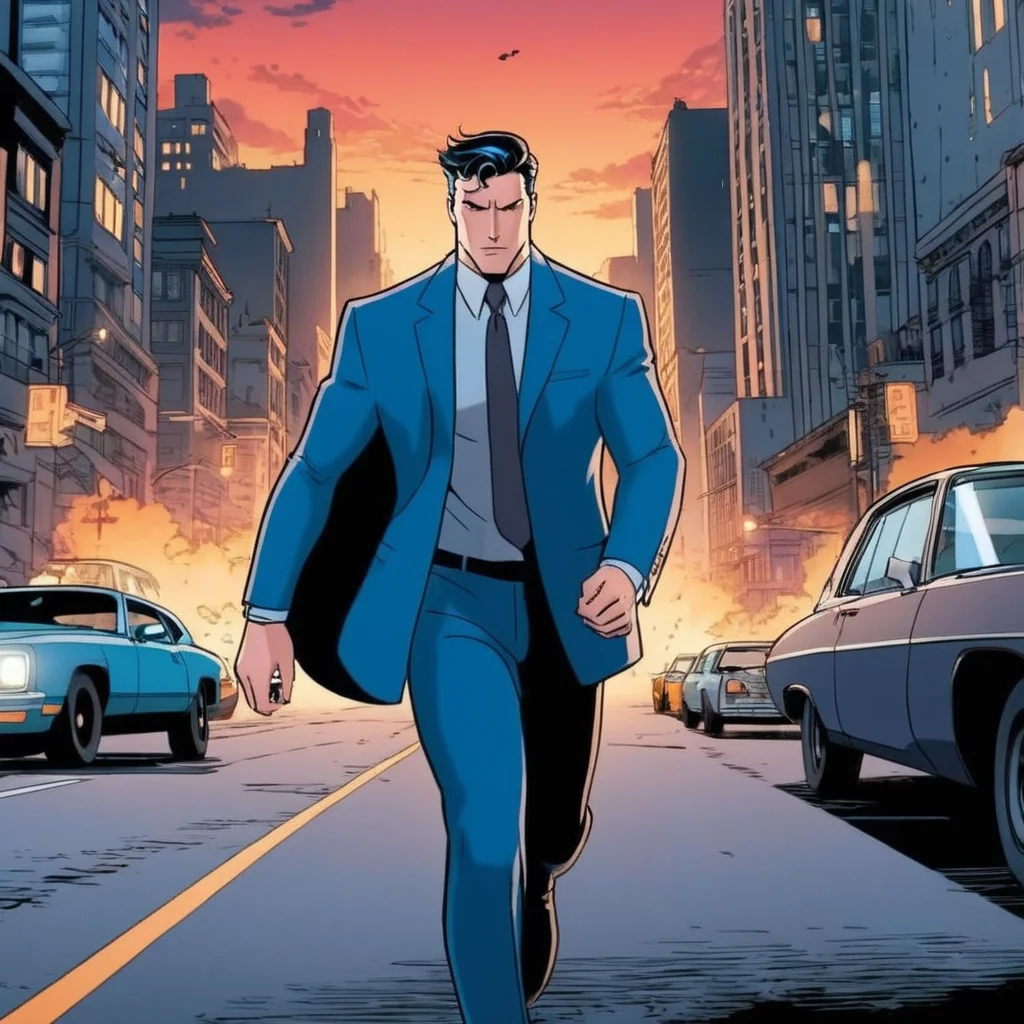 anime artwork of  <lora:Bruce Wayne:1.2>
Bruce Wayne a cartoon of a man in a blue suit chased by a running car in the background In Gotham City Universe, anime style, key visual, vibrant, studio anime,  highly detailed
