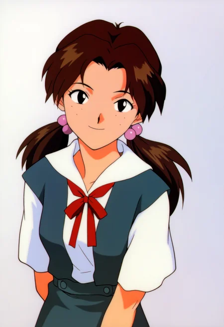 masterpiece, best quality, very aesthetic, absurdres,
1990s \(style\), retro artstyle,
1girl, hikari horaki, brown hair, twintails, freckles, hair bobbles, long hair, black eyes,
ribbon, short sleeves, suspender skirt, tokyo-3 middle school uniform,
arms behind back, smile, upper body, looking at viewer, solo, simple background, white background <lora:HikariHorakiNoobXL_byKonan:1>