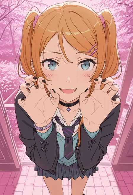masterpiece, very aesthetic, absurdres, semi realistic, masterpiece, best quality, very aesthetic, absurdres, newest,scenery,highres,1girl, uniform, earrings, black collar, bracelet, rings, very aesthetic,perfect quality,high quality,masterpiece,best quality,amazing quality,Cinematic Lighting, newest,absurdres,highres,perfect body,beautiful,volumetric lighting,beautiful eyes,raytracing,ambient occlusion,soft lighting,blum effect,masterpiece,2girl, couple,
:d,open mouth,looking at viewer,black choker,black jacket,v-neck,long sleeves,sleeve cuffs,black necktie,striped necktie,black socks,collared shirt,open clothes,open jacket, sweater,claw pose,black nails,
,hair over shoulder,
head tilt,head rest,legs apart,two side up,skin ,refusing pose,hands up, heart, heart earrings, jewelry, looking at viewer, pink background, posing, 1girl, solo, aragaki ayase, dark blue hair, long hair, violet eyes, 1girl, solo, kousaka kirino, long hair, orange hair, blue eyes