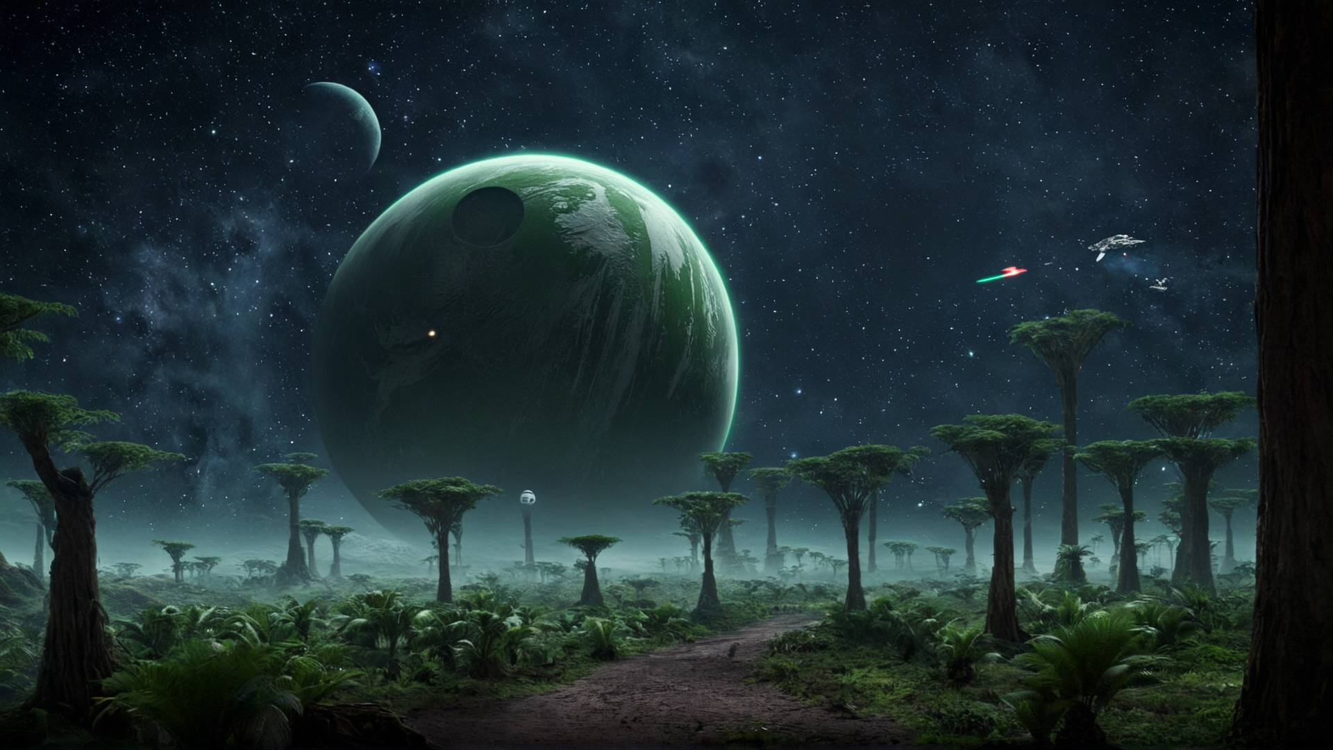 cinematic film still of  <lora:star wars style:0.2>
<lora:detailed:0.4> detailed
<lora:perfection style:0.4> perfect
<lora:PerfectEyesXL:0.5>
 <lora:Chiaroscuro Lighting Style:0.3>
 <lora:Kashyyyk:0.9>
Kashyyyk a green planet with a black background and a white star,in star wars style,english text,no humans,space,planet,earth (planet), shallow depth of field, vignette, highly detailed, high budget, bokeh, cinemascope, moody, epic, gorgeous, film grain, grainy
