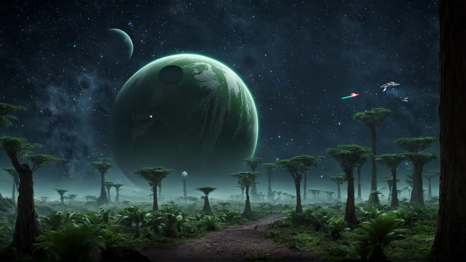 cinematic film still of <lora:star wars style:0.2>
<lora:detailed:0.4> detailed
<lora:perfection style:0.4> perfect
<lora:PerfectEyesXL:0.5>
<lora:Chiaroscuro Lighting Style:0.3>
<lora:Kashyyyk:0.9>
Kashyyyk a green planet with a black background and a white star,in star wars style,english text,no humans,space,planet,earth (planet), shallow depth of field, vignette, highly detailed, high budget, bokeh, cinemascope, moody, epic, gorgeous, film grain, grainy