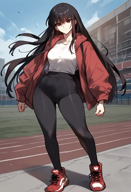 zPDXL3, score_9_up, score_8_up, score_7_up, (Anime_source), Sport camp background, score_9, score_8_up, score_7_up, score_6_up, source_anime, 1girl, solo, <lora:ainanasaki-pdxl-nvwls-v1-000005:1> 1girl, Feng Ling, red eyes, black hair, long hair, medium breast, looking at viewer, cowboy shot, toned, looking at you, portrait, white shirt, prostetic left arm, tights red sport shorts, sneakers, looking at viewer, outdoor, solo, full body, standing, dynamic pose,