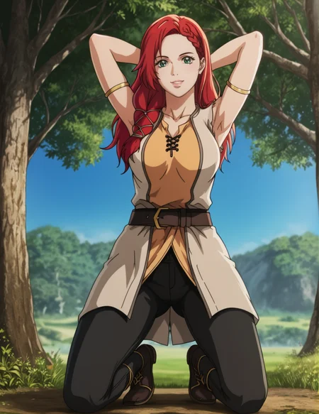 2d, source_anime, solo, masterpiece, detailed, BREAK, 1girl, HeraHammerhand, red hair, long hair, green eyes, braid, sleeveless, armlet, nordic tunic, black pants, breasts, realistic background, blurry background, bokeh, looking at viewer, epic composition, (posing), smiling, kneeling on ground, nature, grassland, from below, clear sky, hands behind head, chest tilt, hips tilt, <lora:HeraHammerhand:0.88>