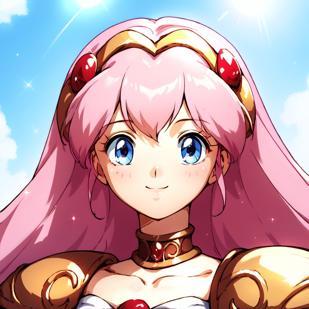 score_9, score_8_up, score_7_up, score_6_up, score_5_up, score_4_up, source_anime, , Wedding_Peach, long hair, blue eyes, pink hair, armor, white skirt, , soft smile, portrait