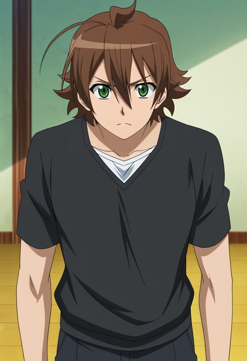 masterpiece, best quality, anime screencap, official style, anime coloring, cowboy shot, 1boy, solo, male focus, <lora:tatsumi_akame_ga_kill_ilxl:0.94>, tatsumi_akame_ga_kill, brown hair, green eyes, short hair, hair between eyes, ahoge,